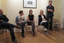 Mihai Risnoveanu (Artistic Consultant of the Romanian Cultural Centre), actor Ryan Sampson,  actor and producer Cristina Catalina,  actress Jessica Clark, and playwright Gabriel Pintilei in the Q&A session