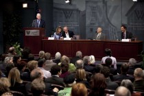 Lee Hamilton (Woodrow Wilson Center President and Director) delivering the welcome remarks. To his right, Adam Michnik, Zbigniew Brzezinski, and Christian Ostermann