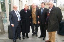 Indrei Ratiu, Prof Eliot Sorel, M.D. (Senior Adviser IRDL), Adam Michnik, HE Robert Kupiecki (Polish Ambassador to Washington DC), and Nicolae Ratiu, outside George Washington University, on 4 December 2009