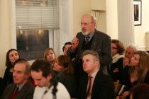 Dr John Nandris raises an issue during the Q&A session. In the middle, seated, Dorian Branea, Director of the Romanian Cultural Institute