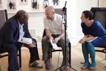 Dr Mike Phillips OBE, Andrew Mottershead, and Rebecca French discussing the final details of the talk