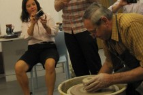 Cornel Sitar demonstrating the traditional work method. Translating from Romanian, Mihai Risnoveanu (Artistic Advisor of the Romanian Cultural Centre). On the right, Adrian Cherciu (Director of Romani-Online.co.uk)