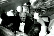 On the plane to Romania, in the first days of January 1990, surrounded by members of the international press